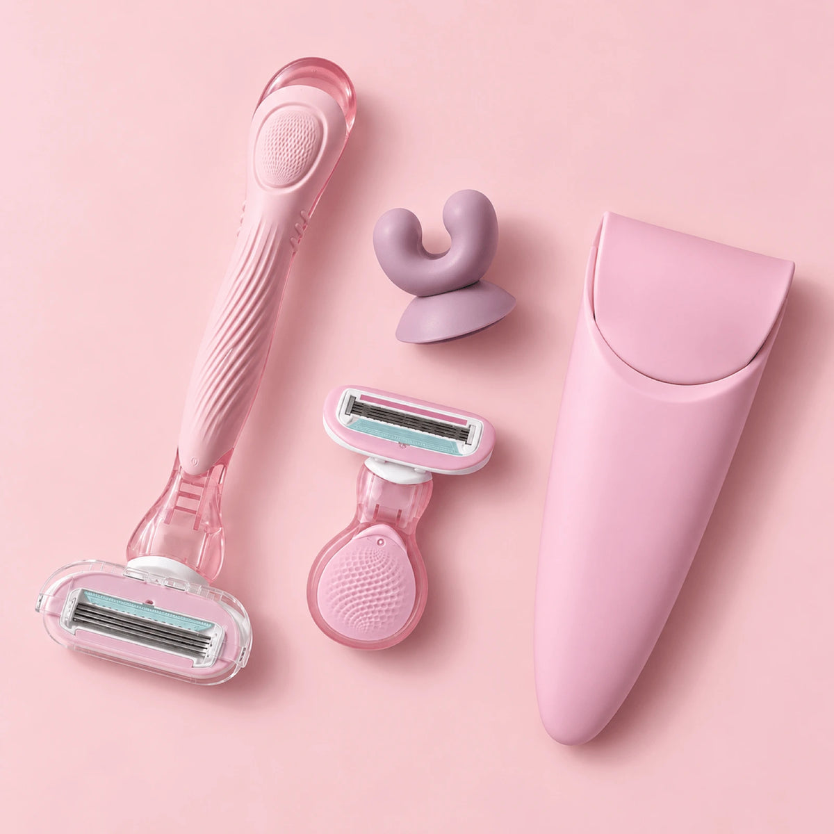 Kit 2 Aparate de Ras KAMEVIA Blush + Blush Travel, 5 Lame, Roz, Suport de Perete si Husa de Calatorie