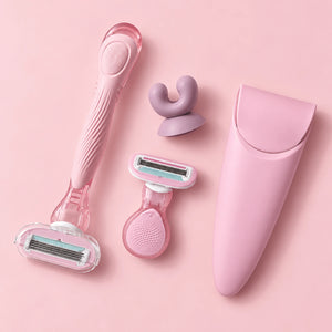 Kit 2 Aparate de Ras KAMEVIA Blush + Blush Travel, 5 Lame, Roz, Suport de Perete si Husa de Calatorie